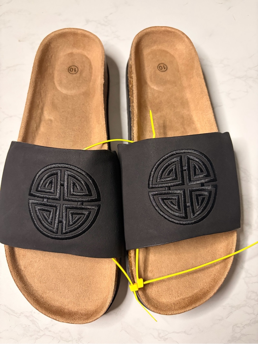 Black Slide Sandals with Embroidered Round Medallion